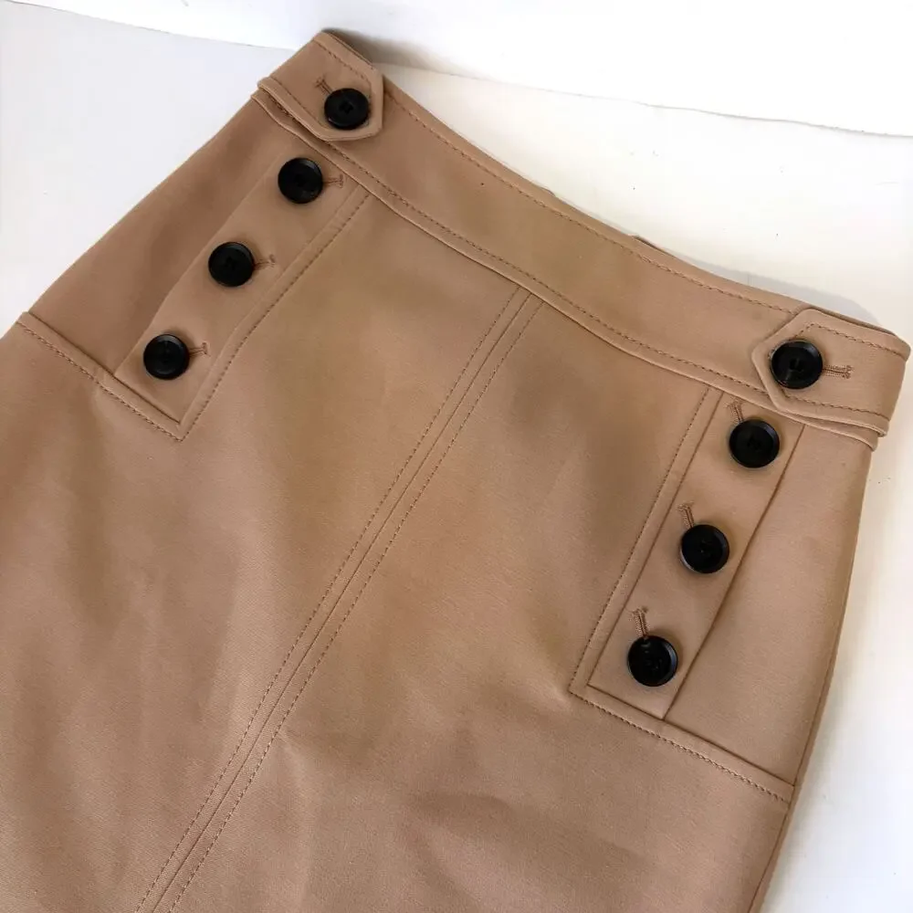 Karen Millen NWT Cotton Blend Button Detail A-Line Skirt Tan Size US 4 UK 8